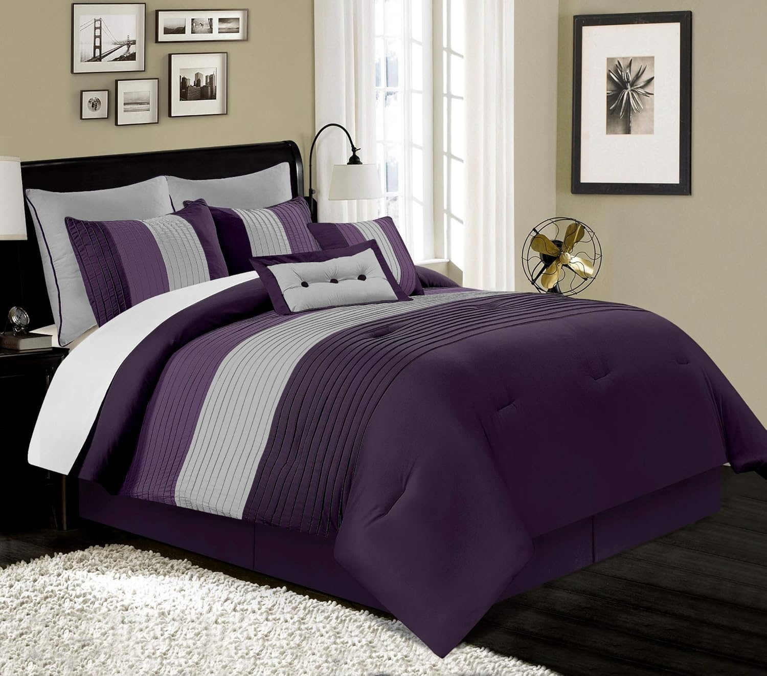 Chezmoi Collection Loft 8-Piece Luxury Striped Comforter Set (Queen, Black/Gray/White)