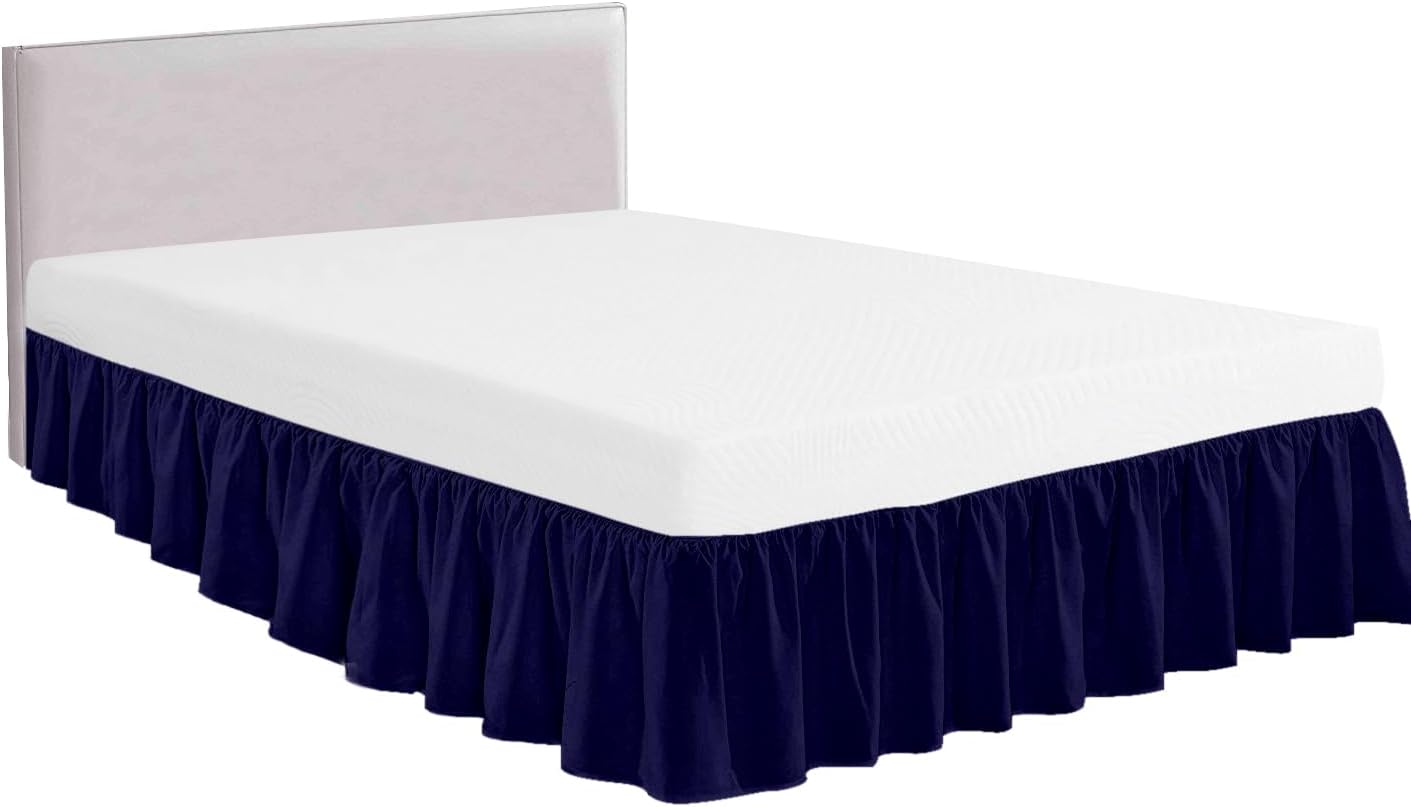 Queen Size Ruffled Bed Skirt with Split Corners -Gathered Style Easy Fit up to 15 Inch Drop, with Platform Three Coverage Ruffle Bed Skirts with Brushed Microfiber Fabric - (Queen, Navy Blue)