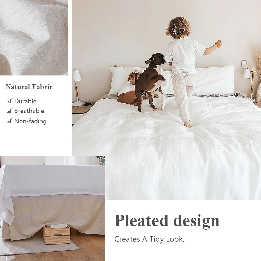 FALUCA 14-Inch 100% Linen Bed Skirt with Classic Tailored Drop Natural French Flax Dust Ruffle Cozy Soft Breathable Farmhouse Bedding (14" Queen, Linen)