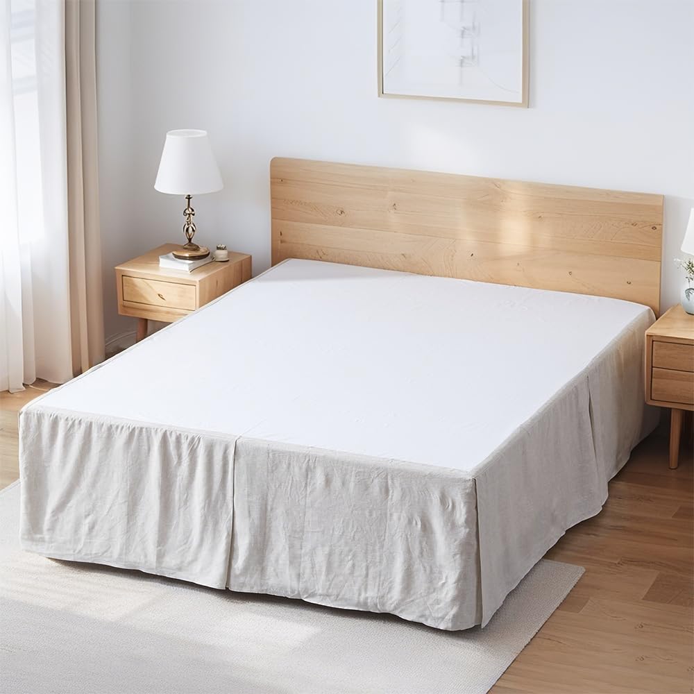 FALUCA 14-Inch 100% Linen Bed Skirt with Classic Tailored Drop Natural French Flax Dust Ruffle Cozy Soft Breathable Farmhouse Bedding (14" Queen, Linen)