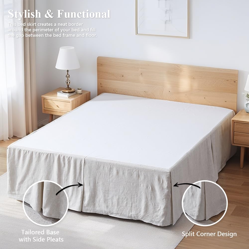FALUCA 14-Inch 100% Linen Bed Skirt with Classic Tailored Drop Natural French Flax Dust Ruffle Cozy Soft Breathable Farmhouse Bedding (14" Queen, Linen)