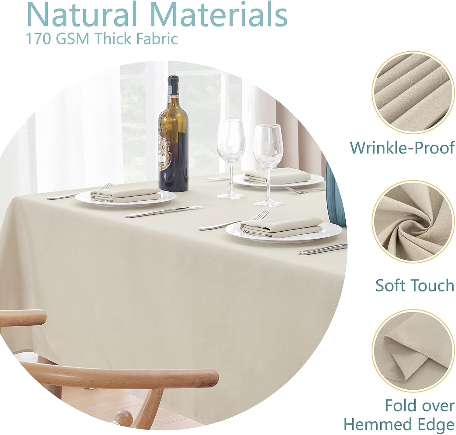 2 Pack Rectangle Tablecloth, 60x120 inch, Water Resistant Wrinkle Free Linen Textured Table Cloth Washable, Decorative Fabric Table Cover for Dining, Party and Camping, Beige