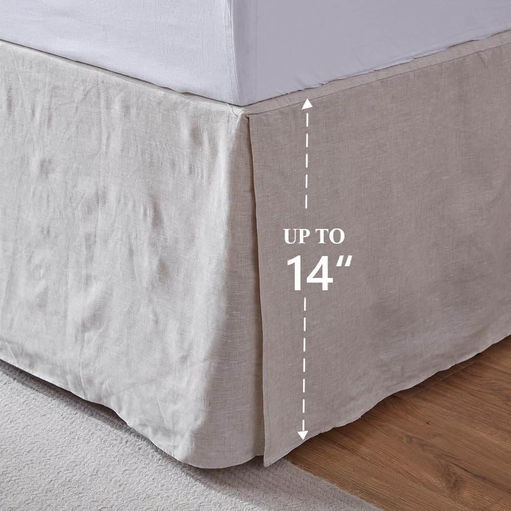 FALUCA 14-Inch 100% Linen Bed Skirt with Classic Tailored Drop Natural French Flax Dust Ruffle Cozy Soft Breathable Farmhouse Bedding (14" Queen, Linen)