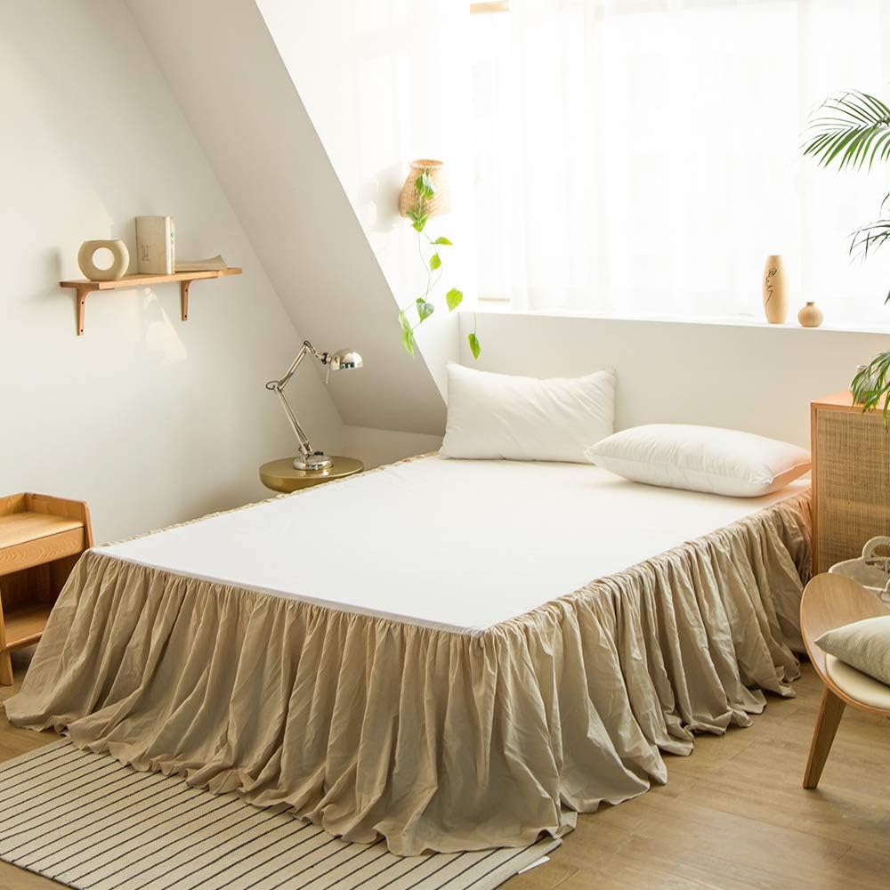 Simple&Opulence Belgian Linen Bed Skirt with Classic 14 inch Tailored Drop Dust Ruffle, Easy Fit Breathable Premium Natural Flax- Basic Linen, Queen