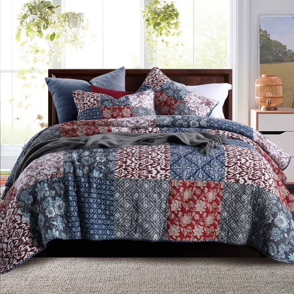 Secgo Queen Comforter Set for Bed - 100% Cotton Quilts Queen Size, Green, Sage Bedspreads (90 * 98 Inch) with 2 Pillow Shams, Patchwork Reversible Lightweight Bedding