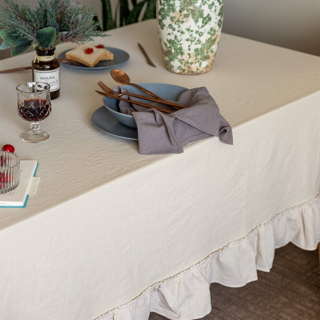 Retro Farmhouse Ruffle Tablecloth Cotton Flounces Trim Washable Table Cover Tablecloths for Rectangle Table Baby Shower Kitchen Party Wedding Decor,60''x120''