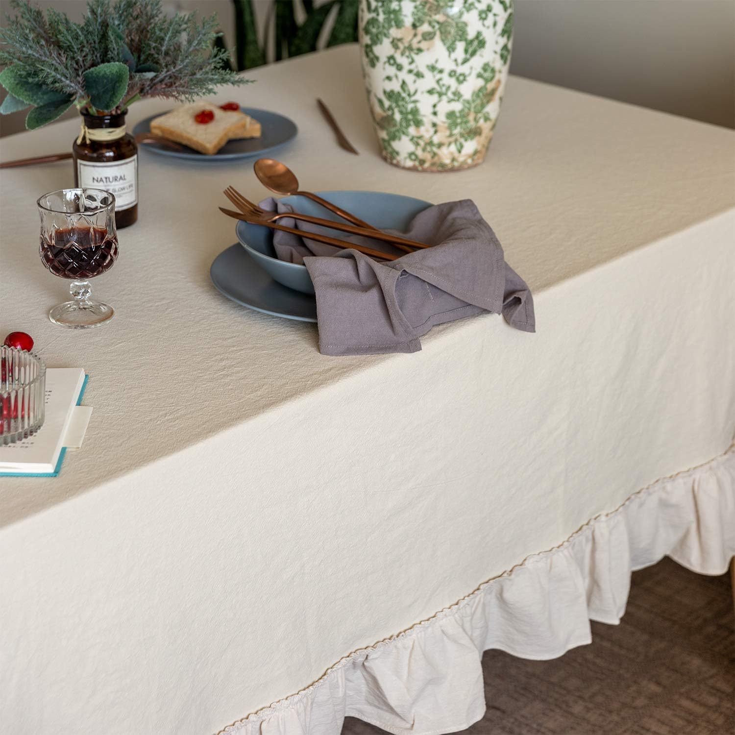 Retro Farmhouse Ruffle Tablecloth Cotton Flounces Trim Washable Table Cover Tablecloths for Rectangle Table Baby Shower Kitchen Party Wedding Decor,60''x120''