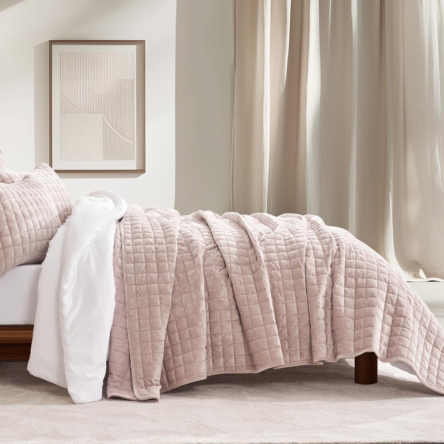 RECYCO Luxury Velvet Quilt Set King Size Bedding Sets, Ultra Soft Velvet Comforter Set, Lightweight Channel Box Stitch Oversized Bedspread Coverlet for All Season, with 2 Shams, Urban Taupe
