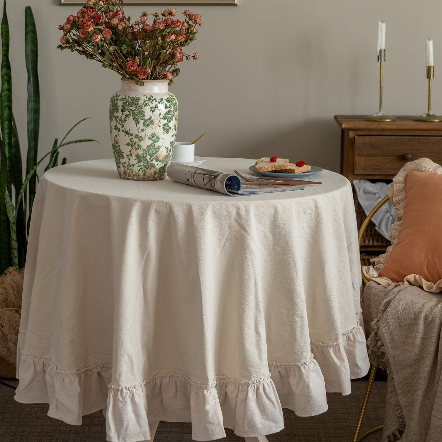Retro Farmhouse Ruffle Tablecloth Cotton Flounces Trim Washable Table Cover Tablecloths for Rectangle Table Baby Shower Kitchen Party Wedding Decor,60''x120''