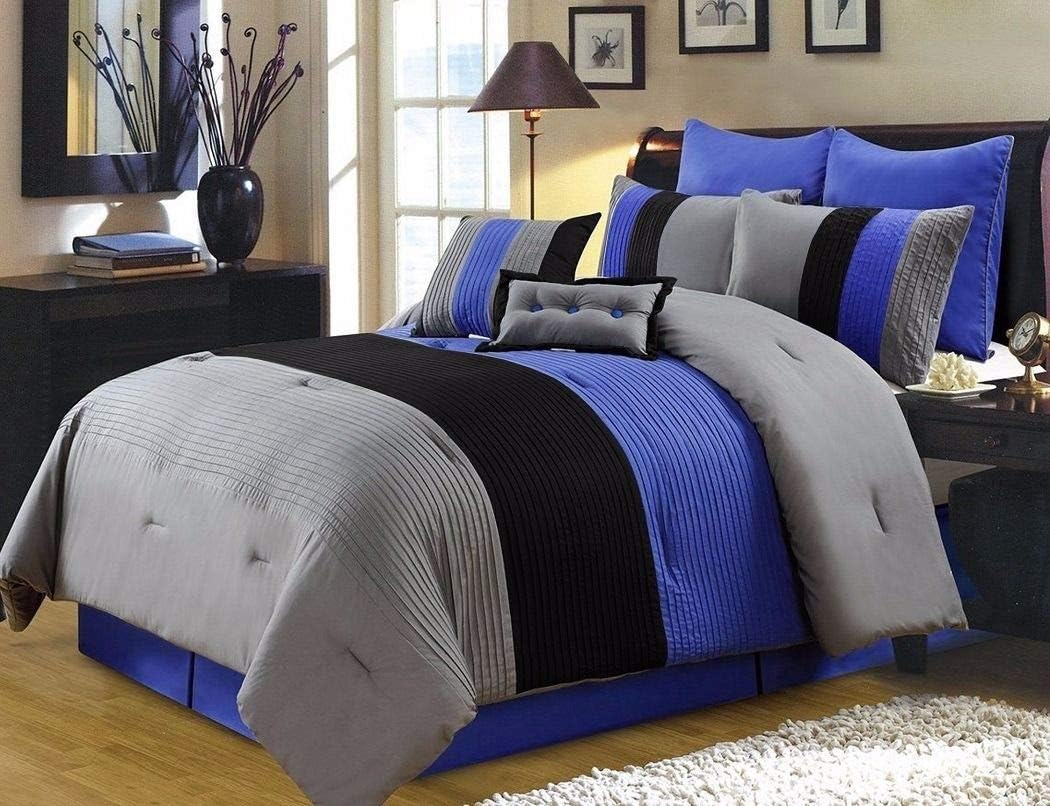Chezmoi Collection Loft 8-Piece Luxury Striped Comforter Set (Queen, Black/Gray/White)