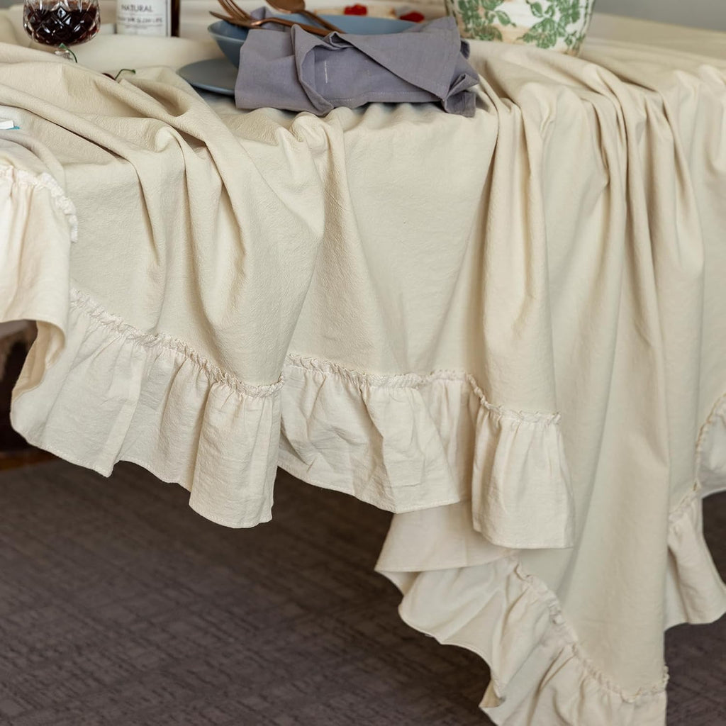 Retro Farmhouse Ruffle Tablecloth Cotton Flounces Trim Washable Table Cover Tablecloths for Rectangle Table Baby Shower Kitchen Party Wedding Decor,60''x120''