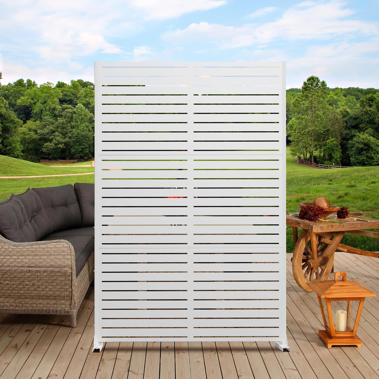 Metal Privacy Screen Outdoor 72" H×47" W,Freestanding Decorative Privacy Screen for Balcony Yard&Garden,Privacy Fence-Black&Louvered