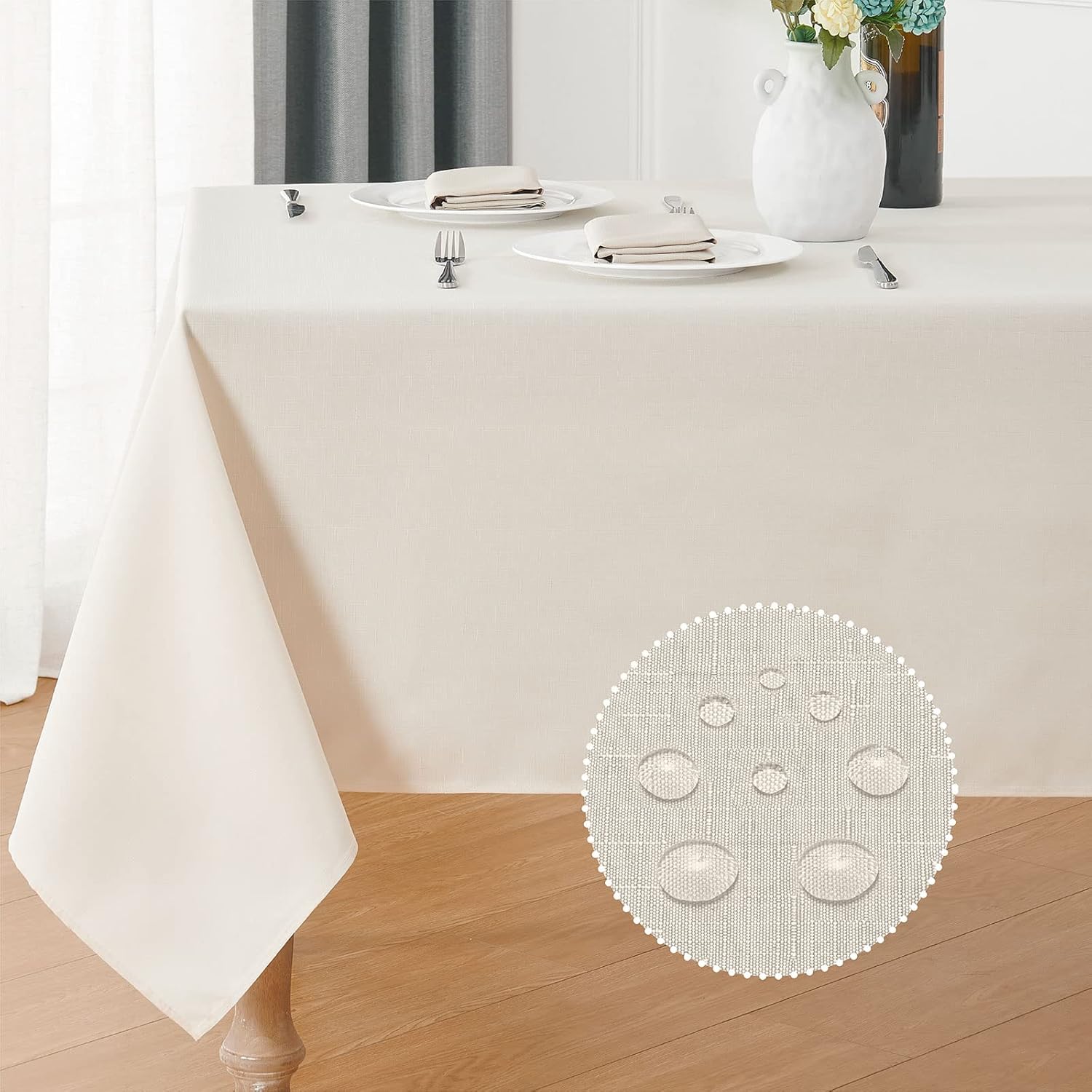 2 Pack Rectangle Tablecloth, 60x120 inch, Water Resistant Wrinkle Free Linen Textured Table Cloth Washable, Decorative Fabric Table Cover for Dining, Party and Camping, Beige