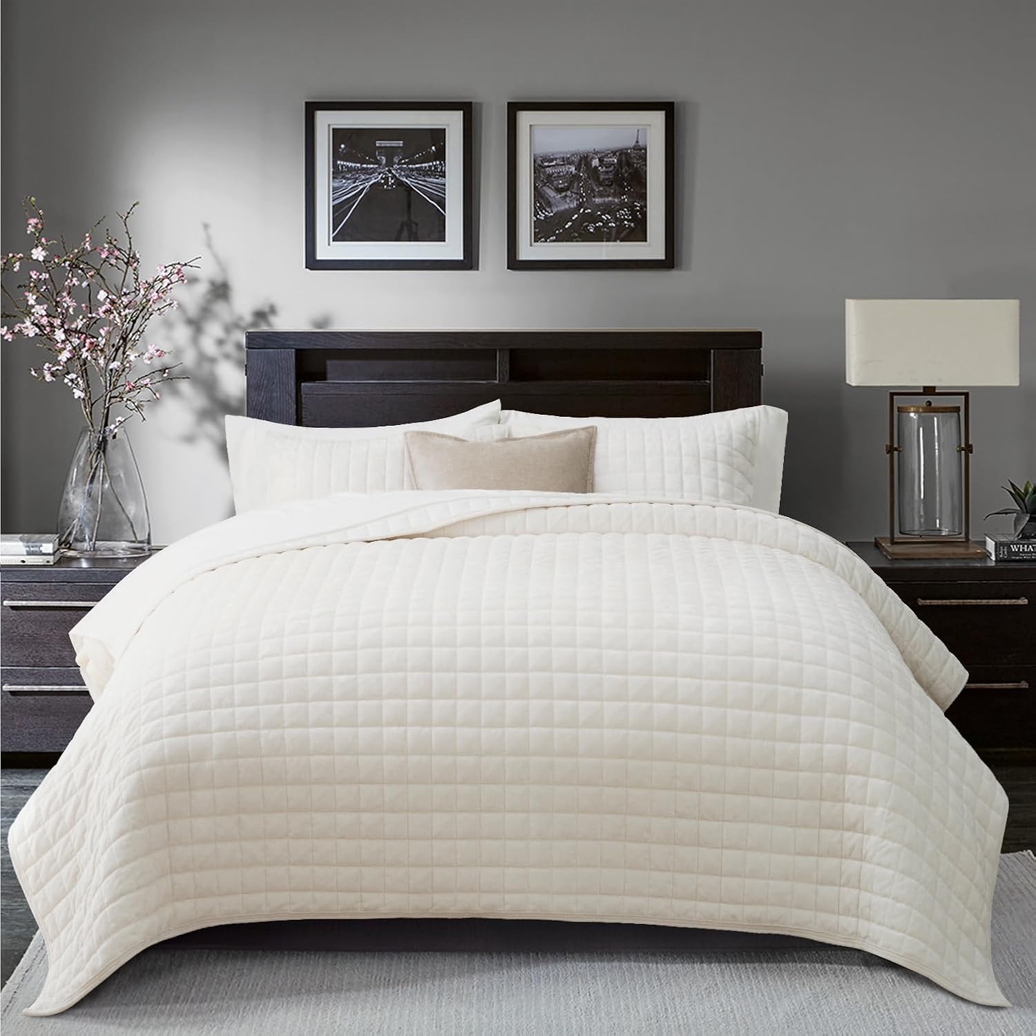 RECYCO Luxury Velvet Quilt Set King Size Bedding Sets, Ultra Soft Velvet Comforter Set, Lightweight Channel Box Stitch Oversized Bedspread Coverlet for All Season, with 2 Shams, Urban Taupe