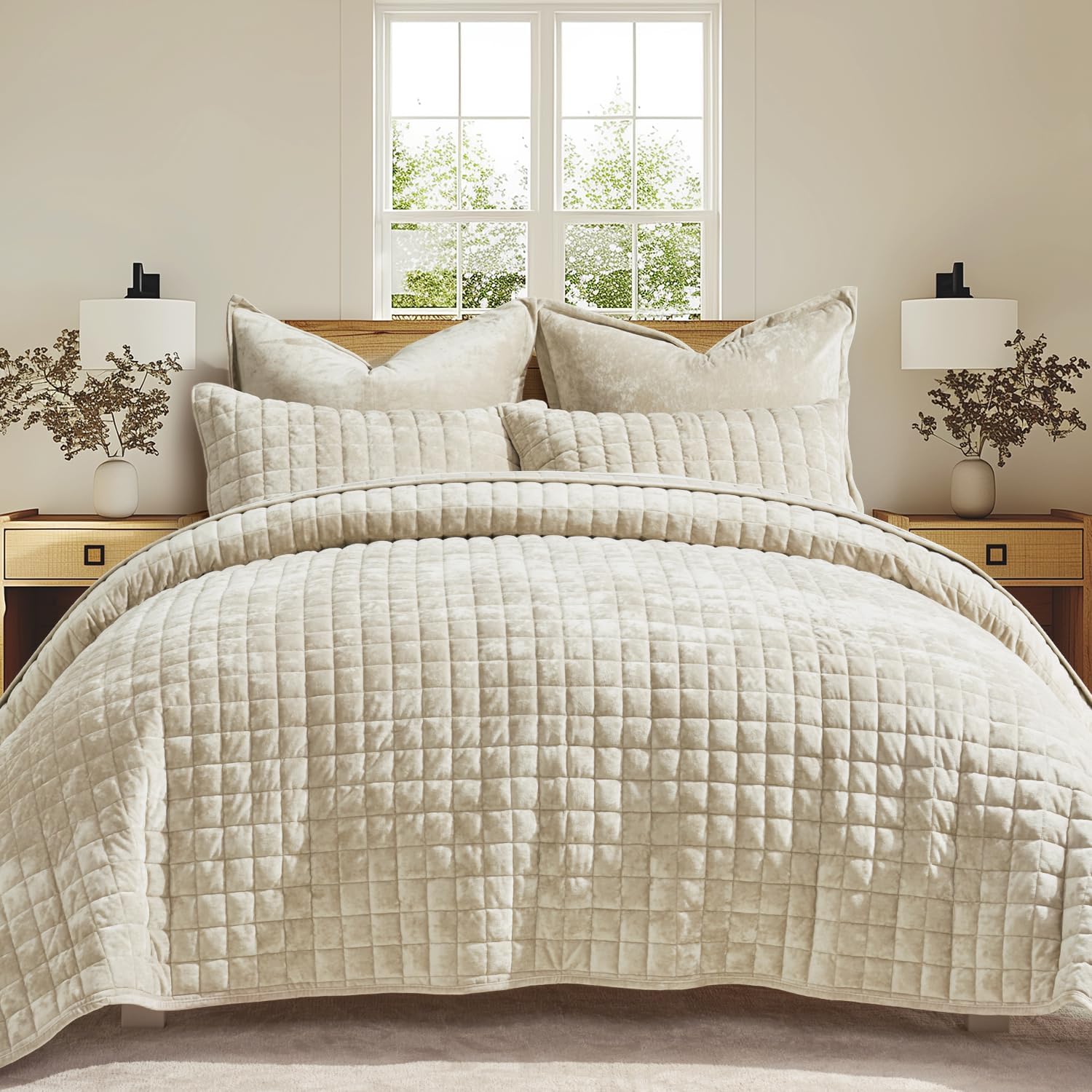 RECYCO Luxury Velvet Quilt Set King Size Bedding Sets, Ultra Soft Velvet Comforter Set, Lightweight Channel Box Stitch Oversized Bedspread Coverlet for All Season, with 2 Shams, Urban Taupe