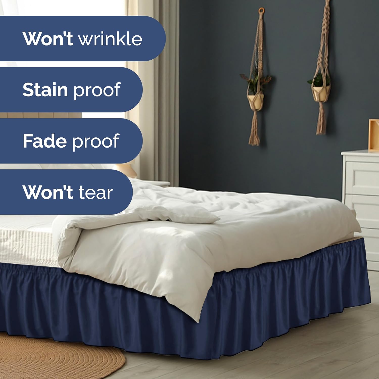 Wrap Around Dust Ruffle Bed Skirt - Navy Blue - for King Size Beds with 18 Inch Drop - Elastic Strap - Adjustable Pleated Bedskirt with Brushed Fabric and Wrinkle Free - for Women, Men, Kids & Teens