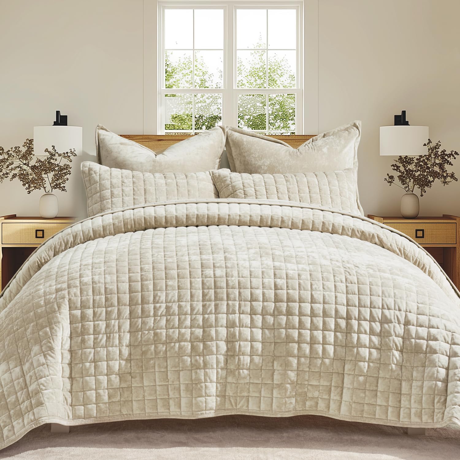 RECYCO Luxury Velvet Quilt Set King Size Bedding Sets, Ultra Soft Velvet Comforter Set, Lightweight Channel Box Stitch Oversized Bedspread Coverlet for All Season, with 2 Shams, Urban Taupe