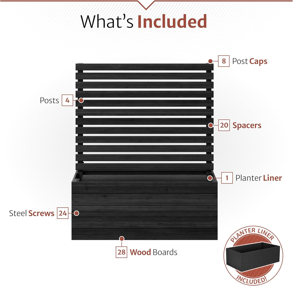 4 ft H x 3.5 ft W x 1.2 ft L Enclo Wood Privacy Screen with Planter Box, Raised Garden Bed with Trellis for Climbing Plants Outdoor, Privacy Planter for Patio, Balcony or Deck, Tacoma Charcoal EC18048