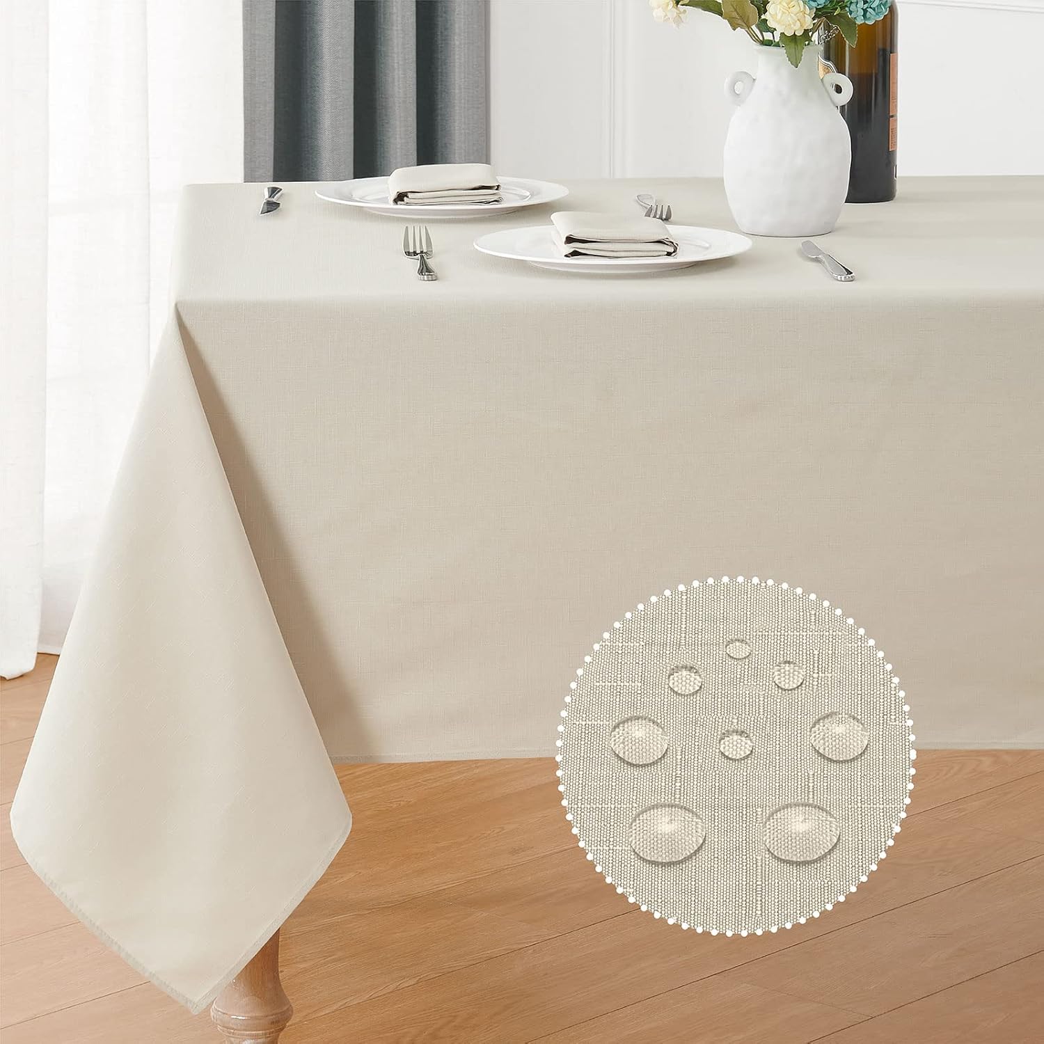 2 Pack Rectangle Tablecloth, 60x120 inch, Water Resistant Wrinkle Free Linen Textured Table Cloth Washable, Decorative Fabric Table Cover for Dining, Party and Camping, Beige