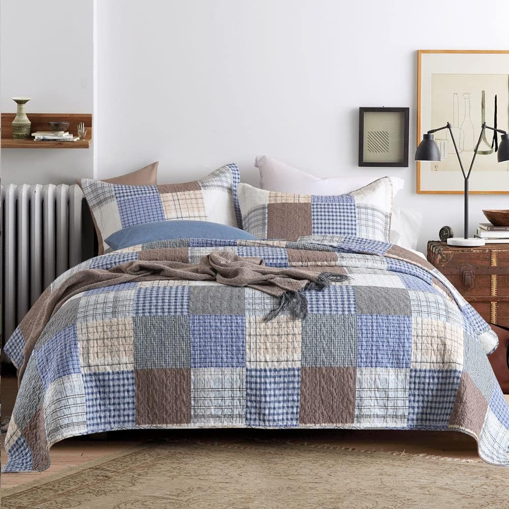 Secgo Queen Comforter Set for Bed - 100% Cotton Quilts Queen Size, Green, Sage Bedspreads (90 * 98 Inch) with 2 Pillow Shams, Patchwork Reversible Lightweight Bedding