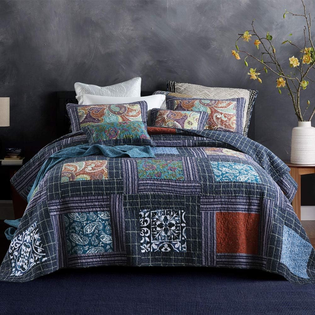 Secgo Queen Comforter Set for Bed - 100% Cotton Quilts Queen Size, Green, Sage Bedspreads (90 * 98 Inch) with 2 Pillow Shams, Patchwork Reversible Lightweight Bedding
