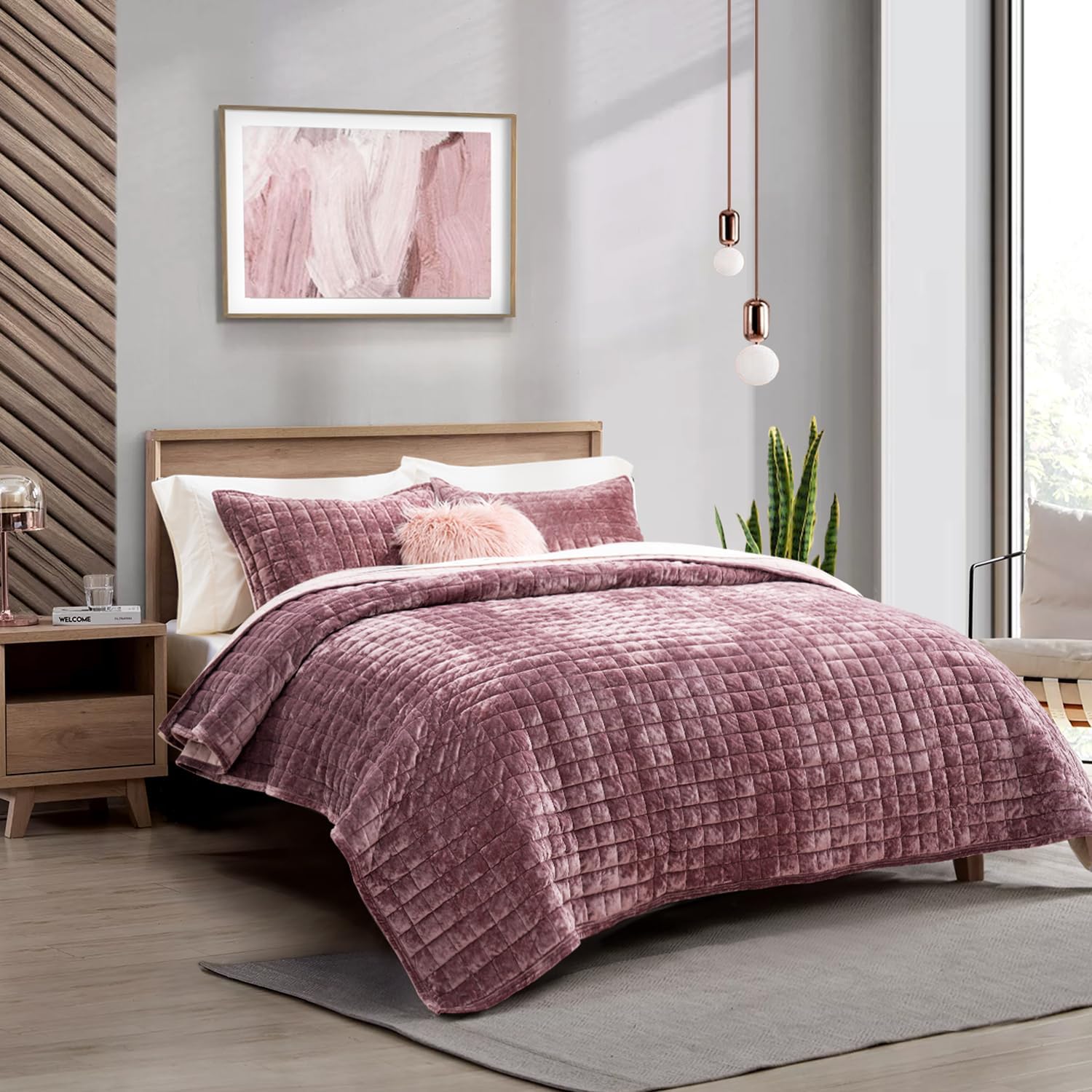 RECYCO Luxury Velvet Quilt Set King Size Bedding Sets, Ultra Soft Velvet Comforter Set, Lightweight Channel Box Stitch Oversized Bedspread Coverlet for All Season, with 2 Shams, Urban Taupe