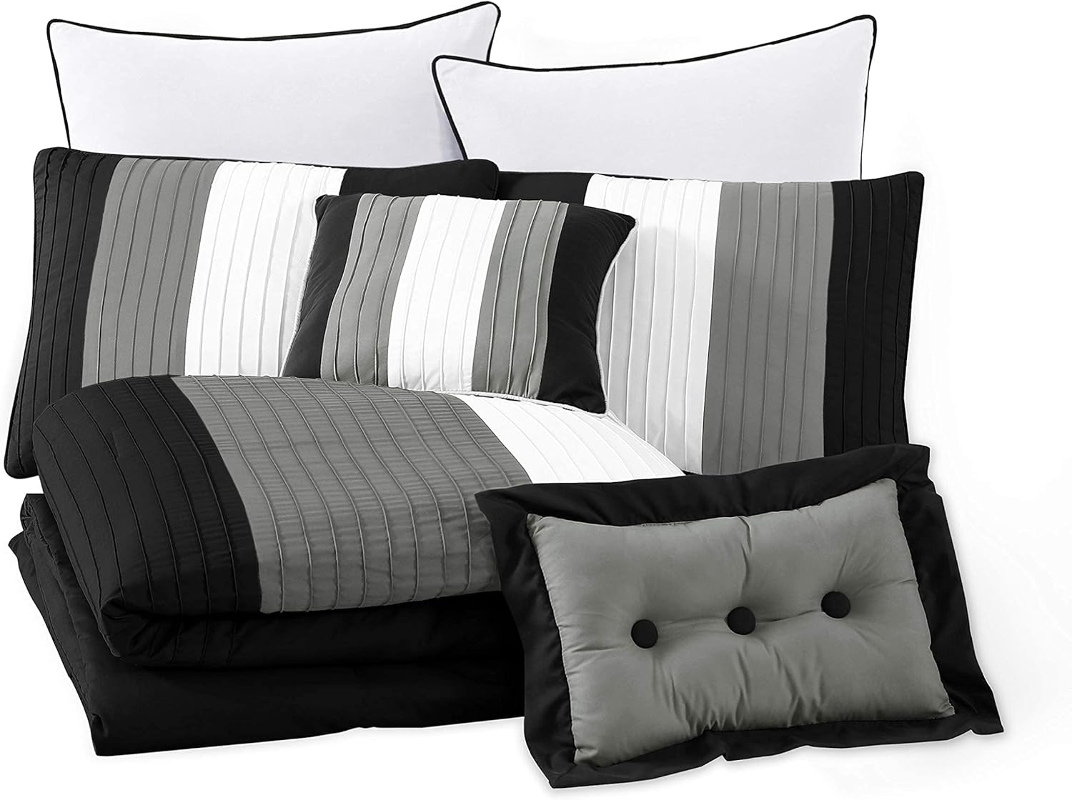 Chezmoi Collection Loft 8-Piece Luxury Striped Comforter Set (Queen, Black/Gray/White)