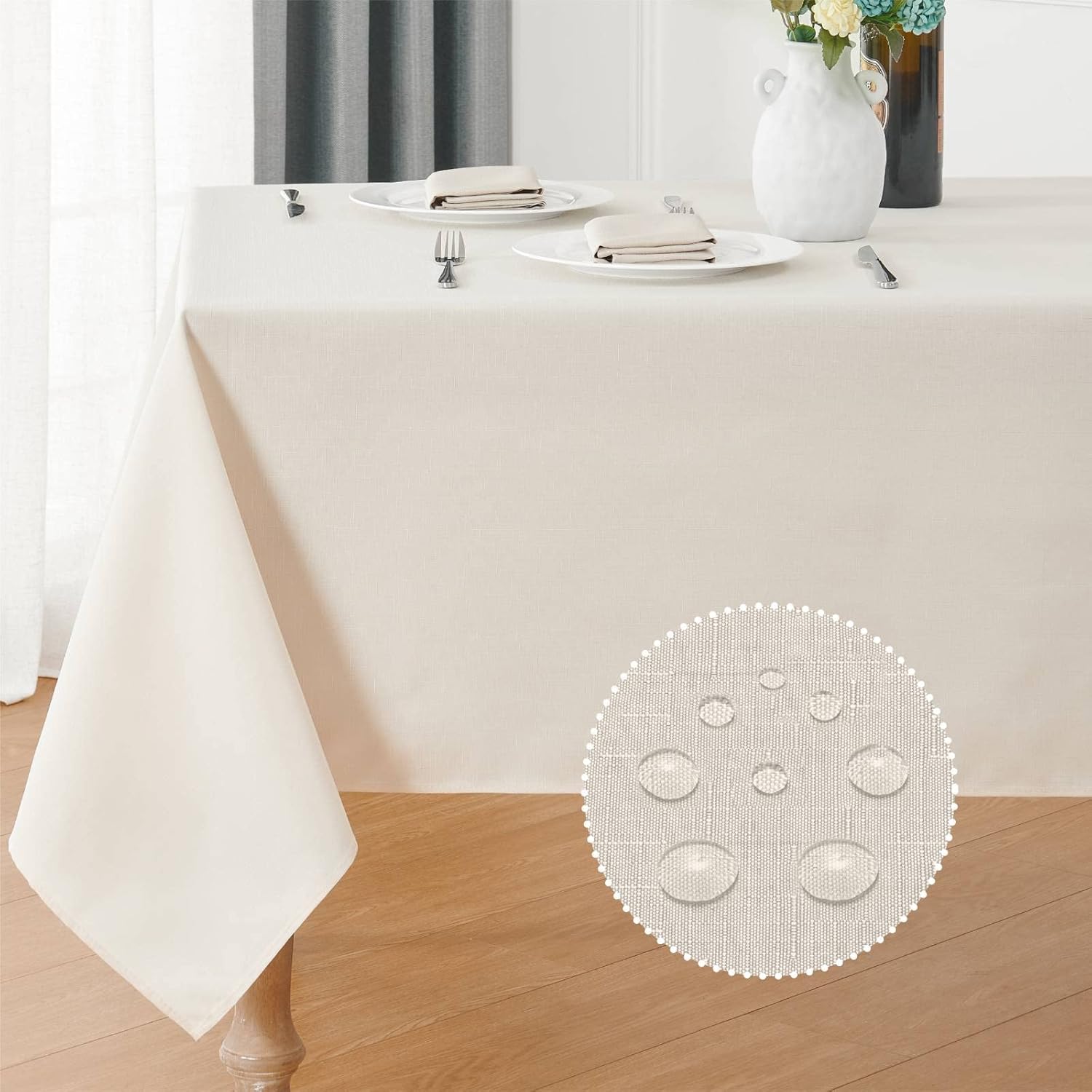 2 Pack Rectangle Tablecloth, 60x120 inch, Water Resistant Wrinkle Free Linen Textured Table Cloth Washable, Decorative Fabric Table Cover for Dining, Party and Camping, Beige