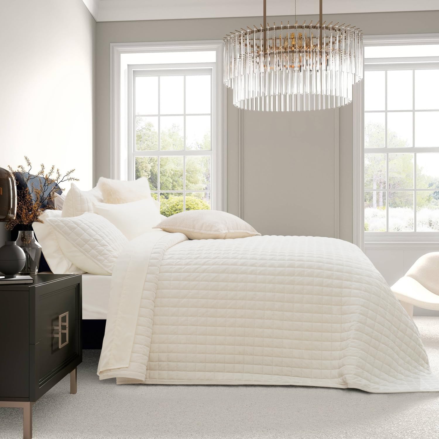 RECYCO Luxury Velvet Quilt Set King Size Bedding Sets, Ultra Soft Velvet Comforter Set, Lightweight Channel Box Stitch Oversized Bedspread Coverlet for All Season, with 2 Shams, Urban Taupe