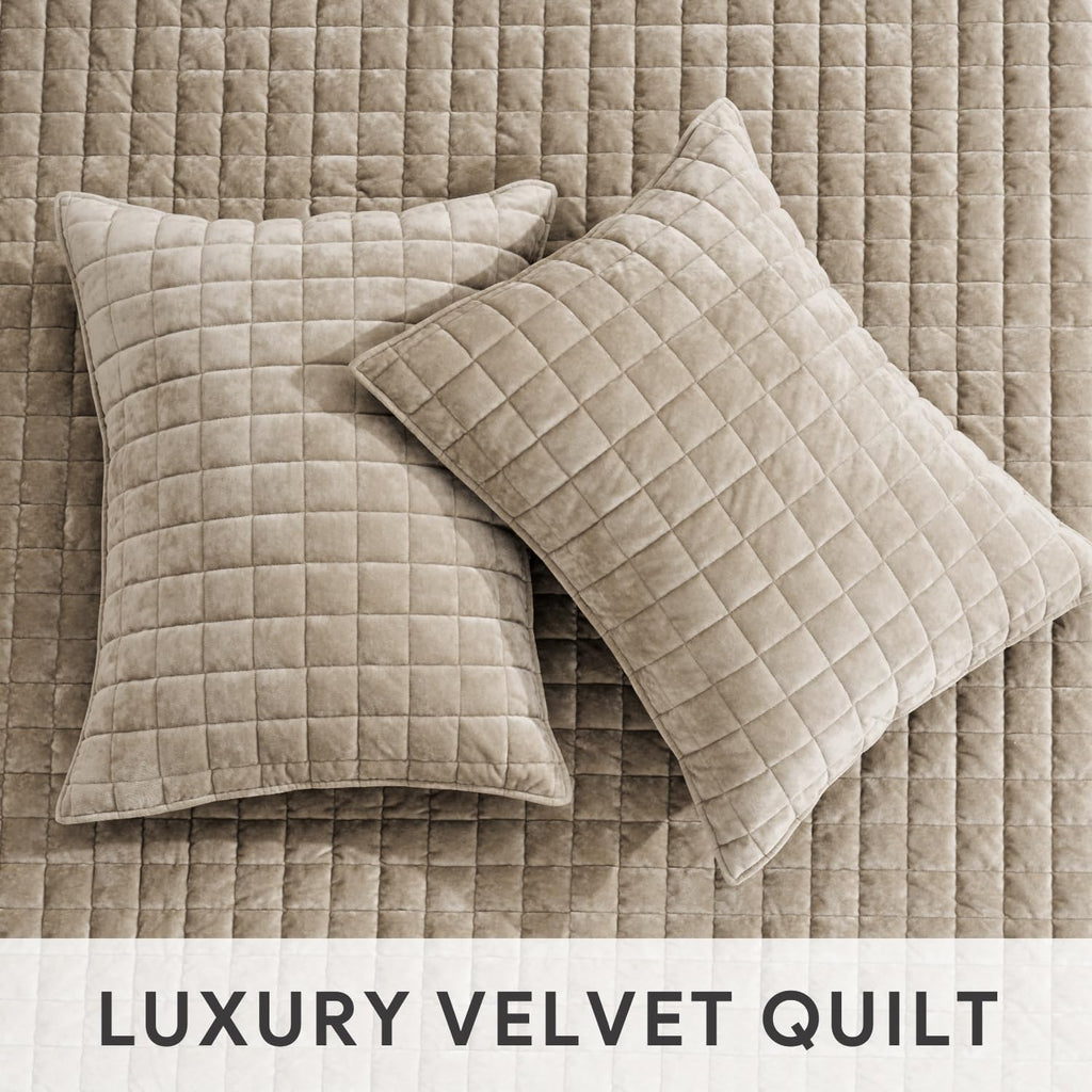 RECYCO Luxury Velvet Quilt Set King Size Bedding Sets, Ultra Soft Velvet Comforter Set, Lightweight Channel Box Stitch Oversized Bedspread Coverlet for All Season, with 2 Shams, Urban Taupe