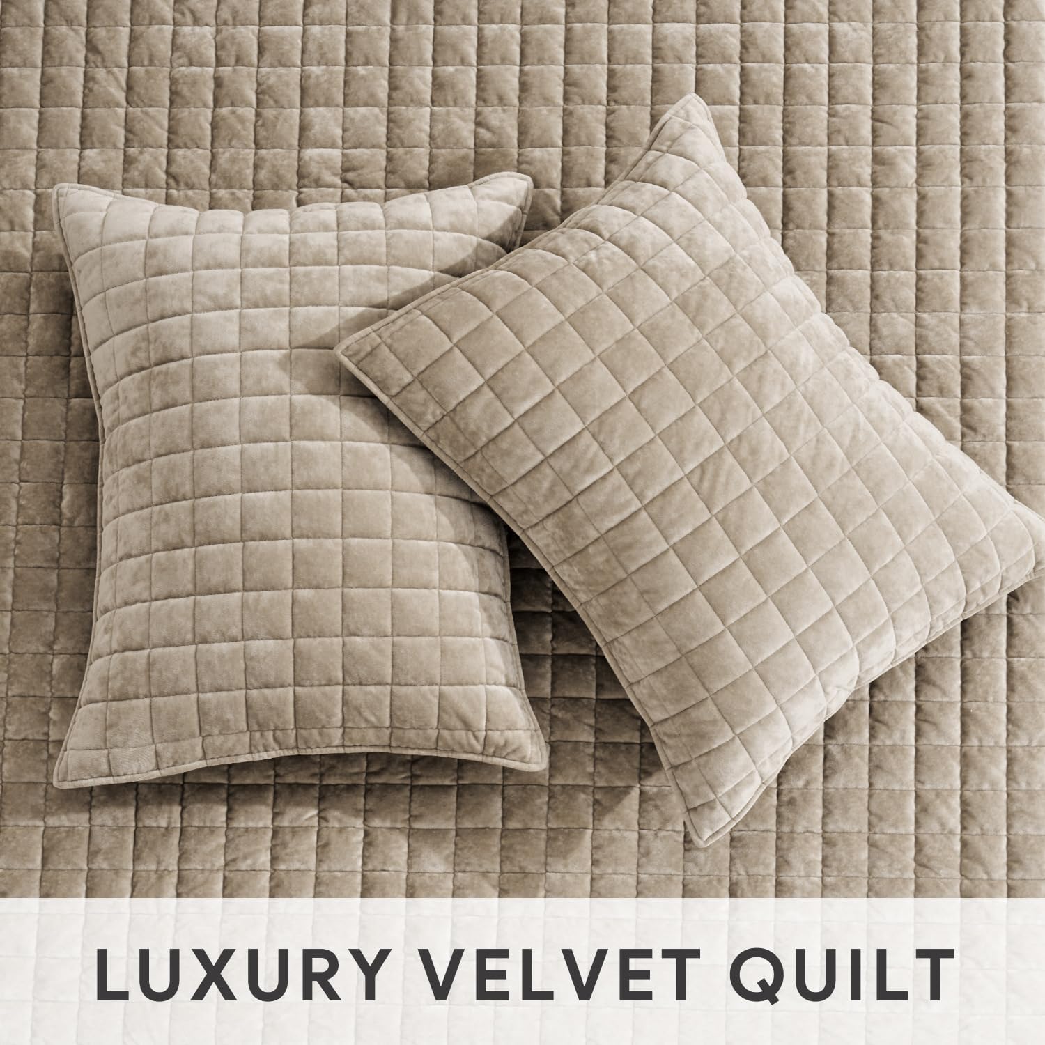 RECYCO Luxury Velvet Quilt Set King Size Bedding Sets, Ultra Soft Velvet Comforter Set, Lightweight Channel Box Stitch Oversized Bedspread Coverlet for All Season, with 2 Shams, Urban Taupe