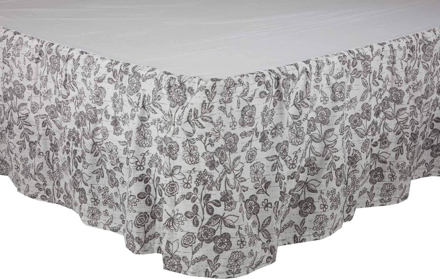Gray Gables King Floral Bed Skirt w/ 16" Drop, Gray and Soft White Printed Dust Ruffle, Gathered, Country Cottage, Vintage Farmhouse Bedding