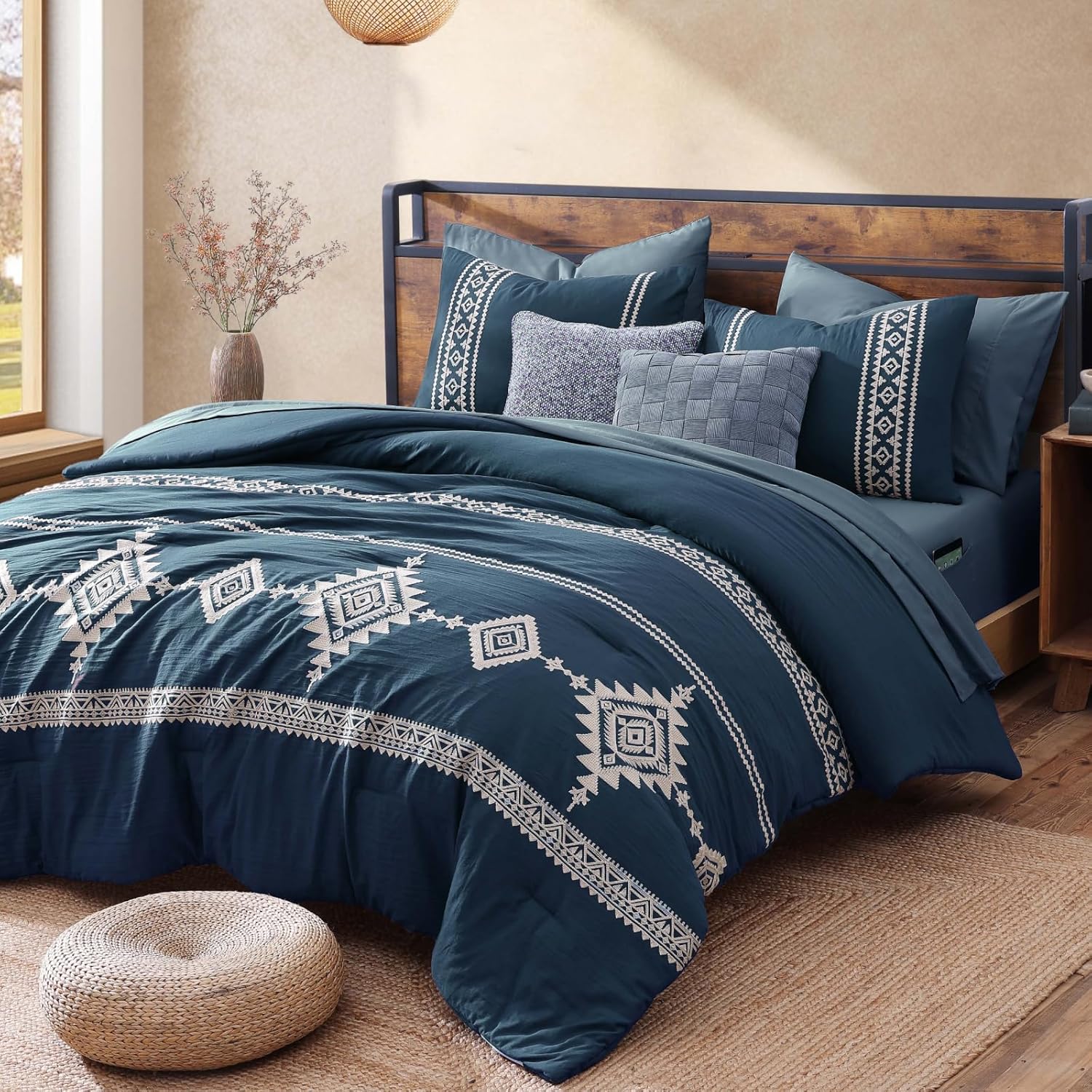 MaiRêve Embroidery Comforter Sets King Size Olive Green - 7 Pieces, Farmhouse Western Bedding Comforter Set, All Season Bed in A Bag King with Sheets, Comforters, Pillowcases & Shams