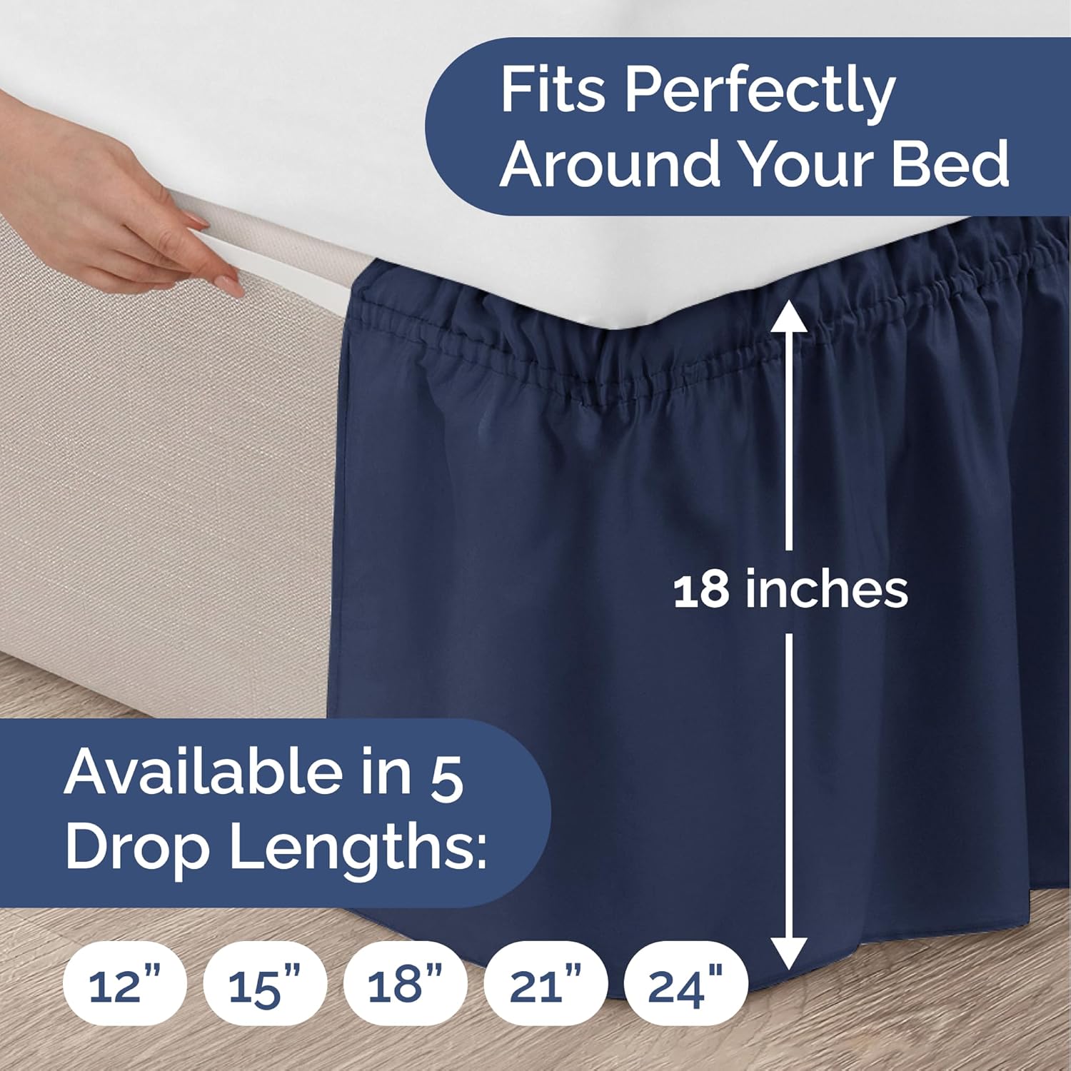 Wrap Around Dust Ruffle Bed Skirt - Navy Blue - for King Size Beds with 18 Inch Drop - Elastic Strap - Adjustable Pleated Bedskirt with Brushed Fabric and Wrinkle Free - for Women, Men, Kids & Teens