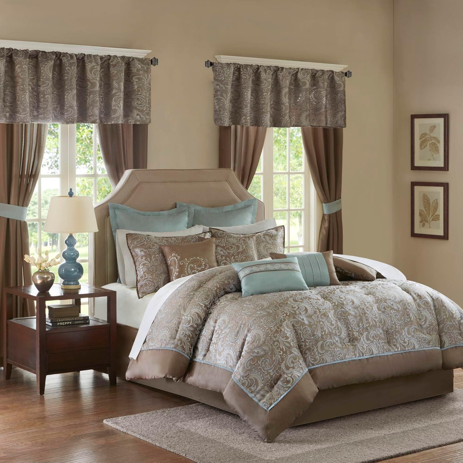 Madison Park 24 Piece Faux Silk Paisley Queen Comforter Set with Matching Curtains, Down Alternative Hypoallergenic - Teal, Queen (90 in x 90 in)