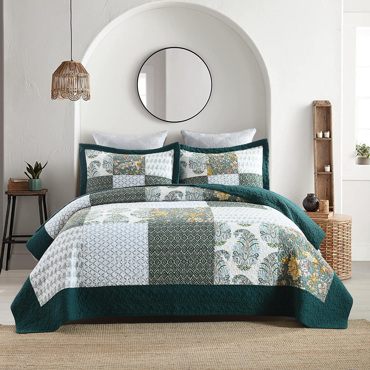 Secgo Queen Comforter Set for Bed - 100% Cotton Quilts Queen Size, Green, Sage Bedspreads (90 * 98 Inch) with 2 Pillow Shams, Patchwork Reversible Lightweight Bedding