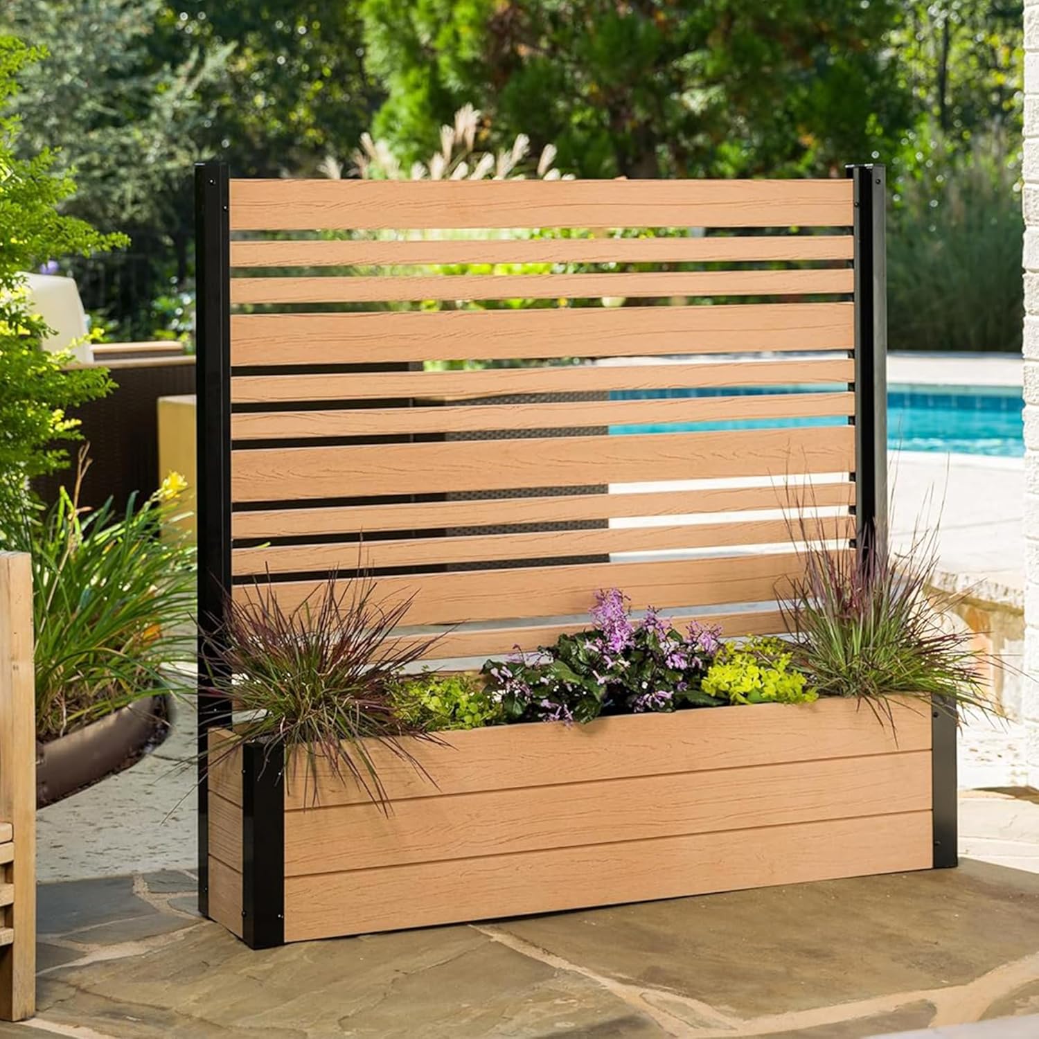 4 ft H x 3.5 ft W x 1.2 ft L Enclo Wood Privacy Screen with Planter Box, Raised Garden Bed with Trellis for Climbing Plants Outdoor, Privacy Planter for Patio, Balcony or Deck, Tacoma Charcoal EC18048