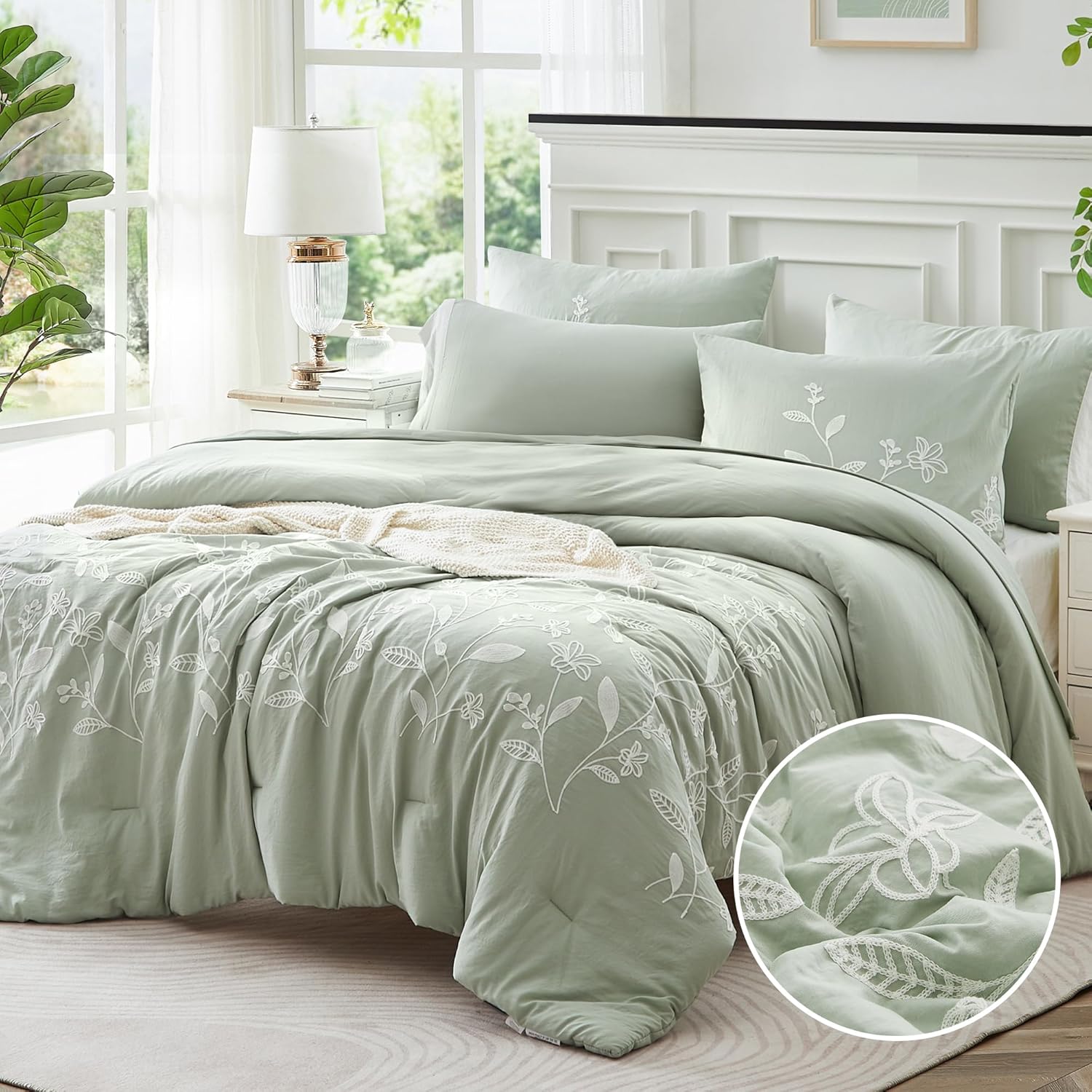 MaiRêve Embroidery Comforter Sets King Size Olive Green - 7 Pieces, Farmhouse Western Bedding Comforter Set, All Season Bed in A Bag King with Sheets, Comforters, Pillowcases & Shams