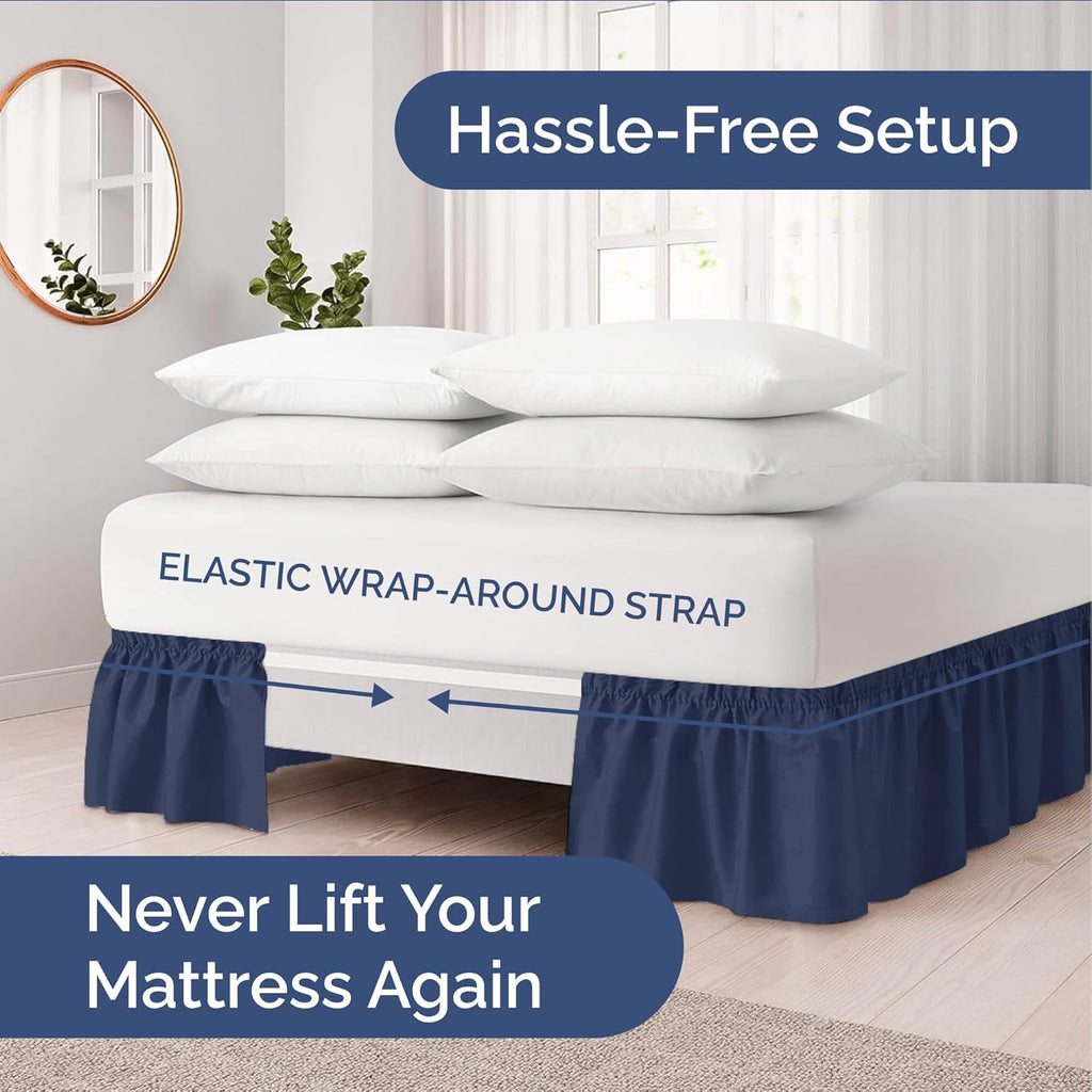 Wrap Around Dust Ruffle Bed Skirt - Navy Blue - for King Size Beds with 18 Inch Drop - Elastic Strap - Adjustable Pleated Bedskirt with Brushed Fabric and Wrinkle Free - for Women, Men, Kids & Teens