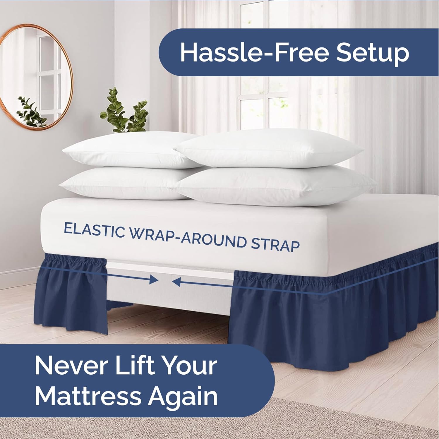 Wrap Around Dust Ruffle Bed Skirt - Navy Blue - for King Size Beds with 18 Inch Drop - Elastic Strap - Adjustable Pleated Bedskirt with Brushed Fabric and Wrinkle Free - for Women, Men, Kids & Teens
