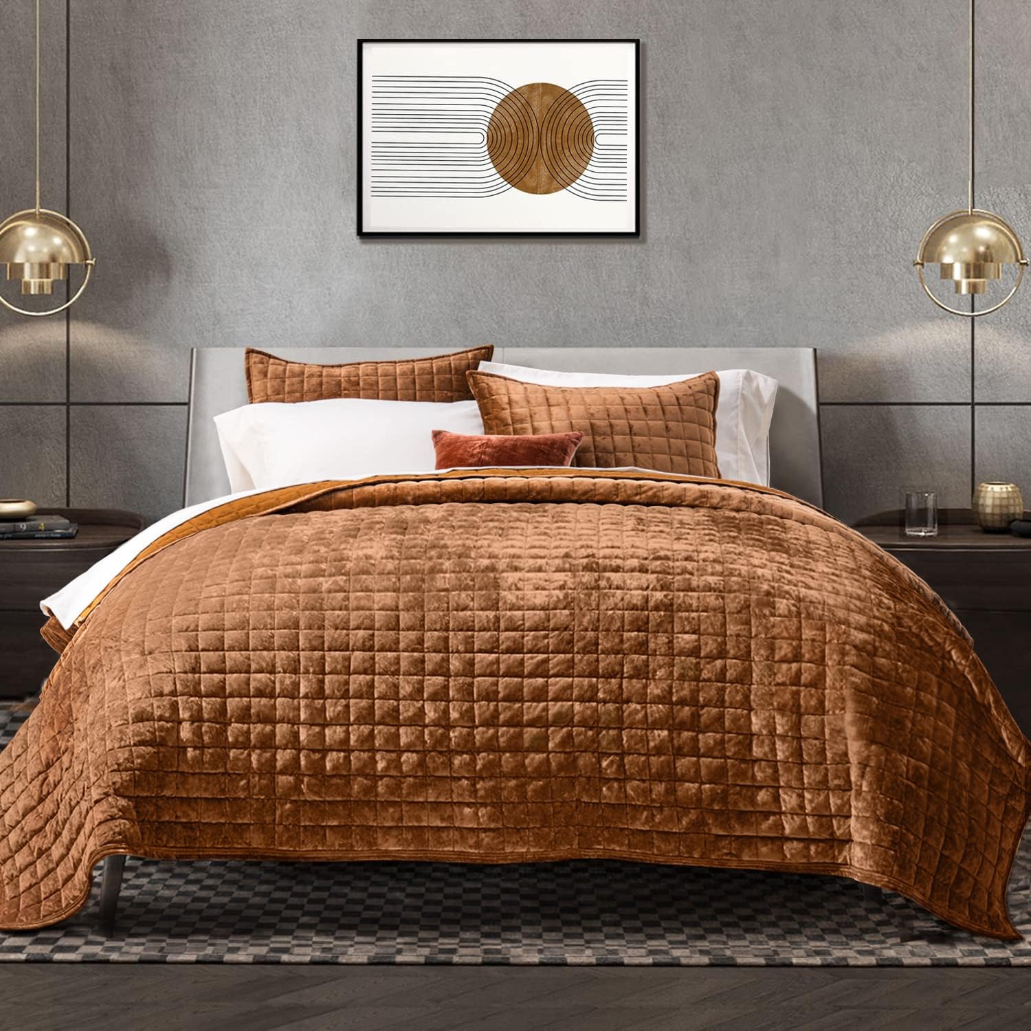 RECYCO Luxury Velvet Quilt Set King Size Bedding Sets, Ultra Soft Velvet Comforter Set, Lightweight Channel Box Stitch Oversized Bedspread Coverlet for All Season, with 2 Shams, Urban Taupe