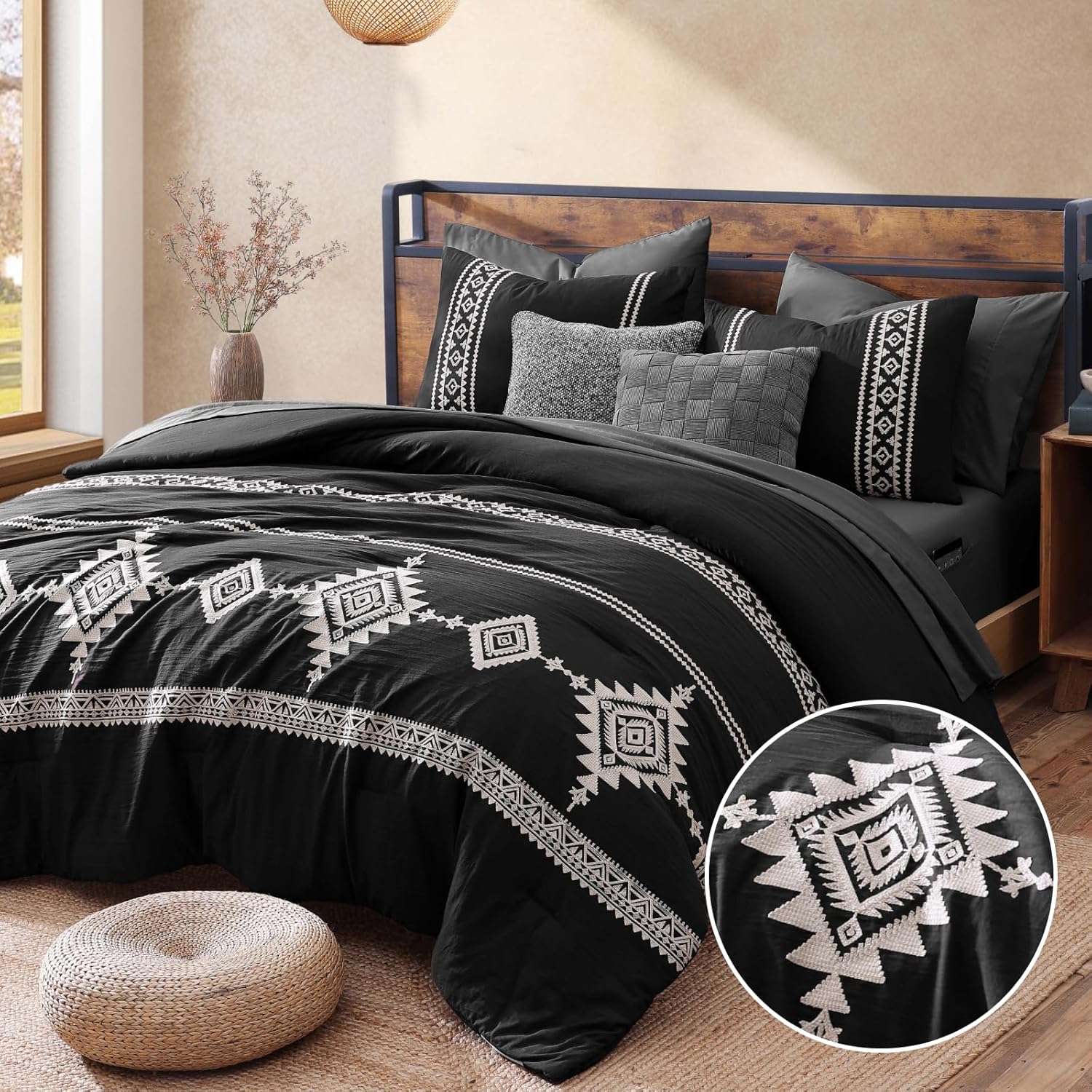 MaiRêve Embroidery Comforter Sets King Size Olive Green - 7 Pieces, Farmhouse Western Bedding Comforter Set, All Season Bed in A Bag King with Sheets, Comforters, Pillowcases & Shams