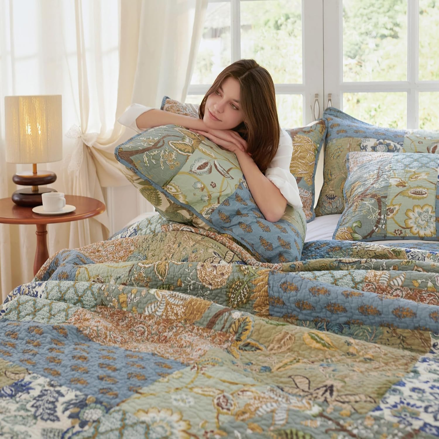 Secgo Queen Comforter Set for Bed - 100% Cotton Quilts Queen Size, Green, Sage Bedspreads (90 * 98 Inch) with 2 Pillow Shams, Patchwork Reversible Lightweight Bedding