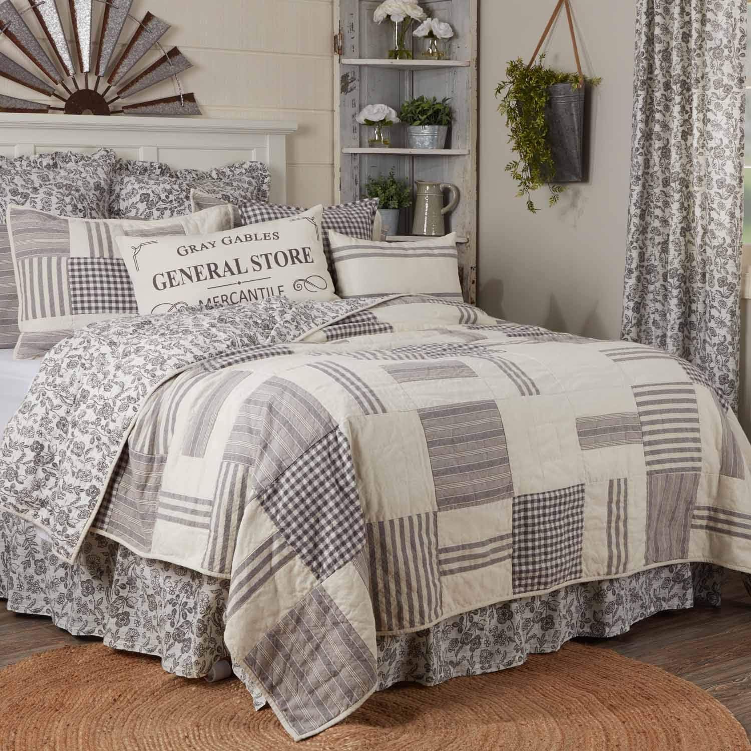 Gray Gables King Floral Bed Skirt w/ 16" Drop, Gray and Soft White Printed Dust Ruffle, Gathered, Country Cottage, Vintage Farmhouse Bedding