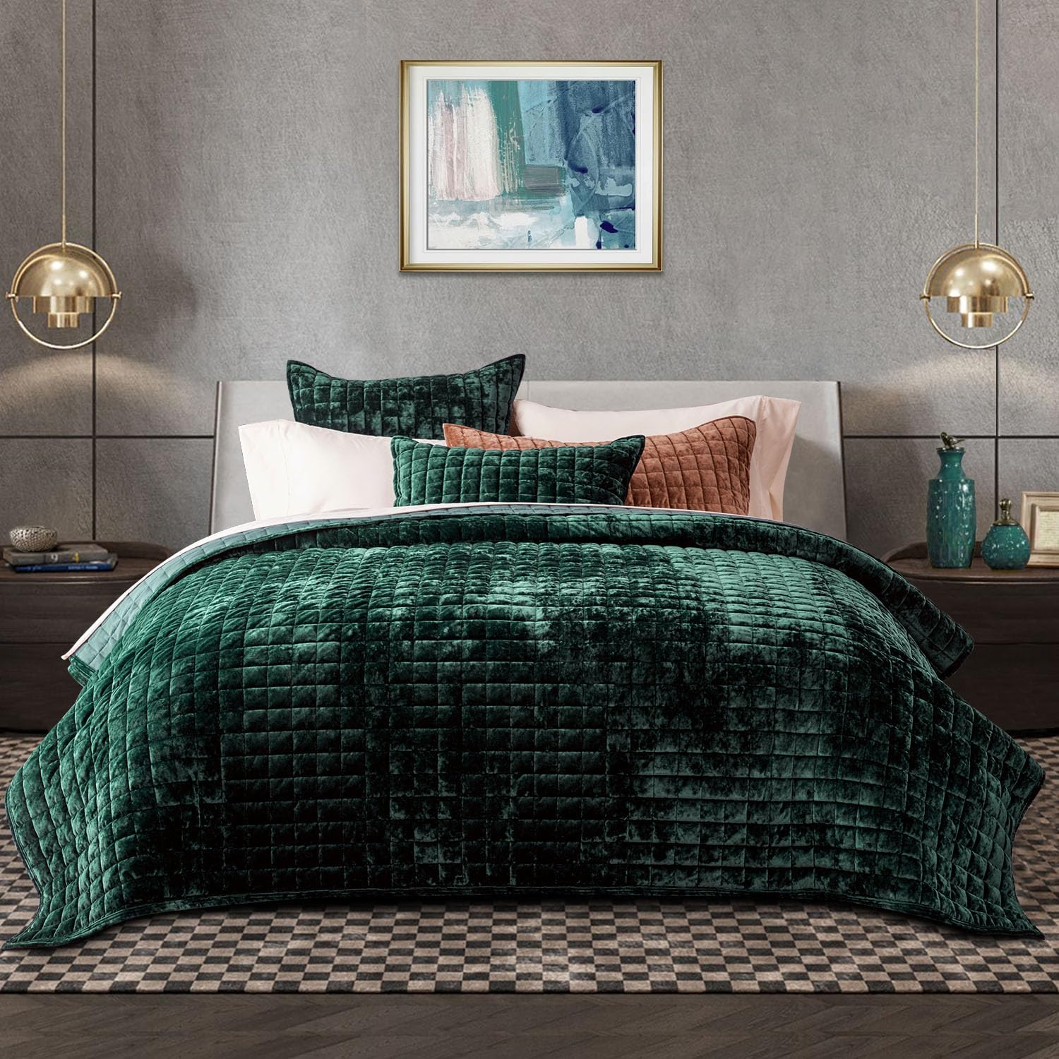 RECYCO Luxury Velvet Quilt Set King Size Bedding Sets, Ultra Soft Velvet Comforter Set, Lightweight Channel Box Stitch Oversized Bedspread Coverlet for All Season, with 2 Shams, Urban Taupe