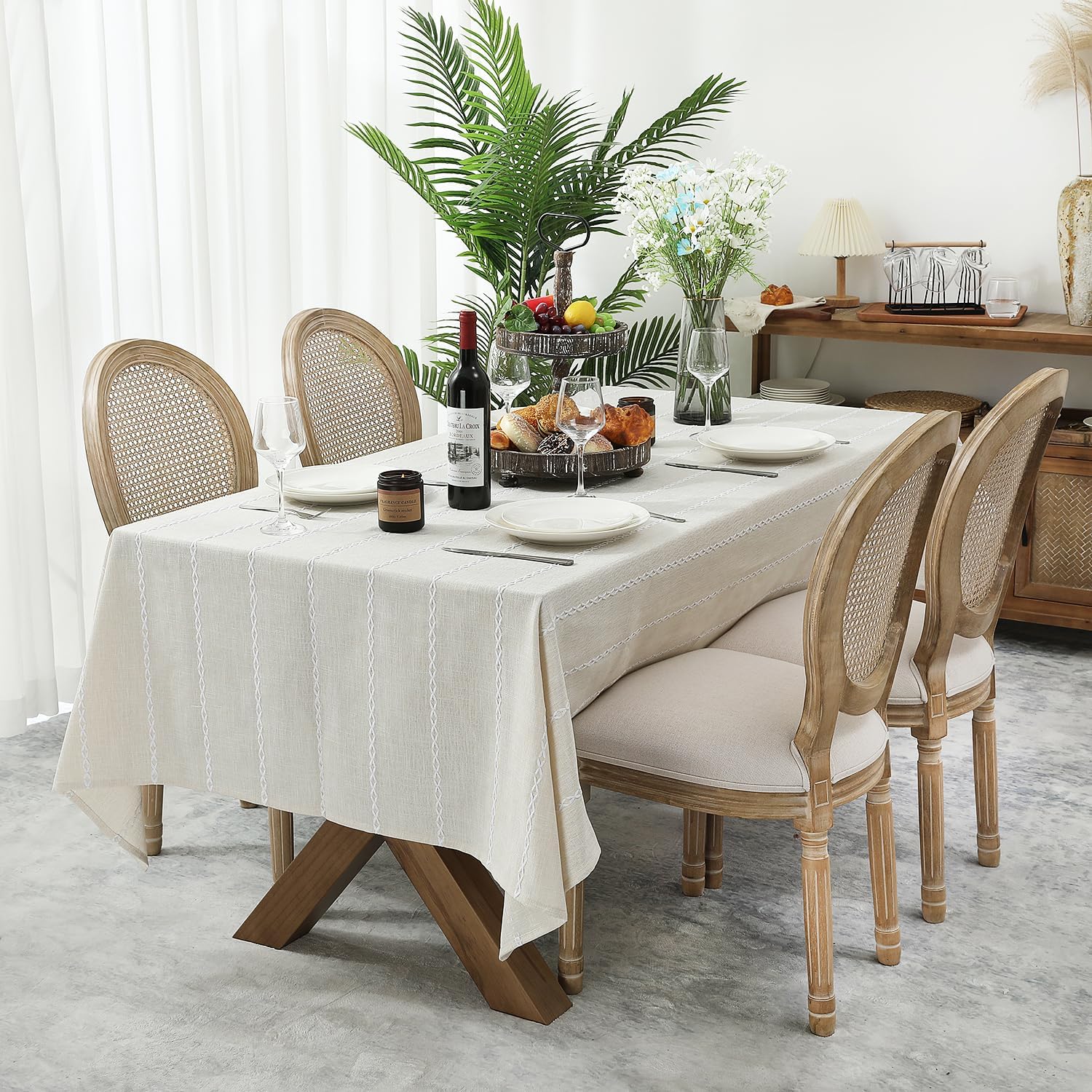 Chassic 60 x 120 inches Farmhouse Style Linen tablecloths, Boho 8 Foot Long Wrinkle Resistant Washable Rectangle Table Cloth for Dining Room, Kitchen, Wedding and Holiday Decorative - Cream