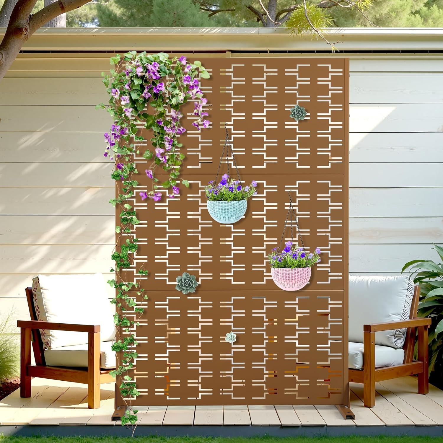 Metal Privacy Screen Outdoor Privacy Screen, Freestanding Fence Panel for Outside, 72''H×47''W, Decorative Screen Panel for Backyard/Patio/Deck