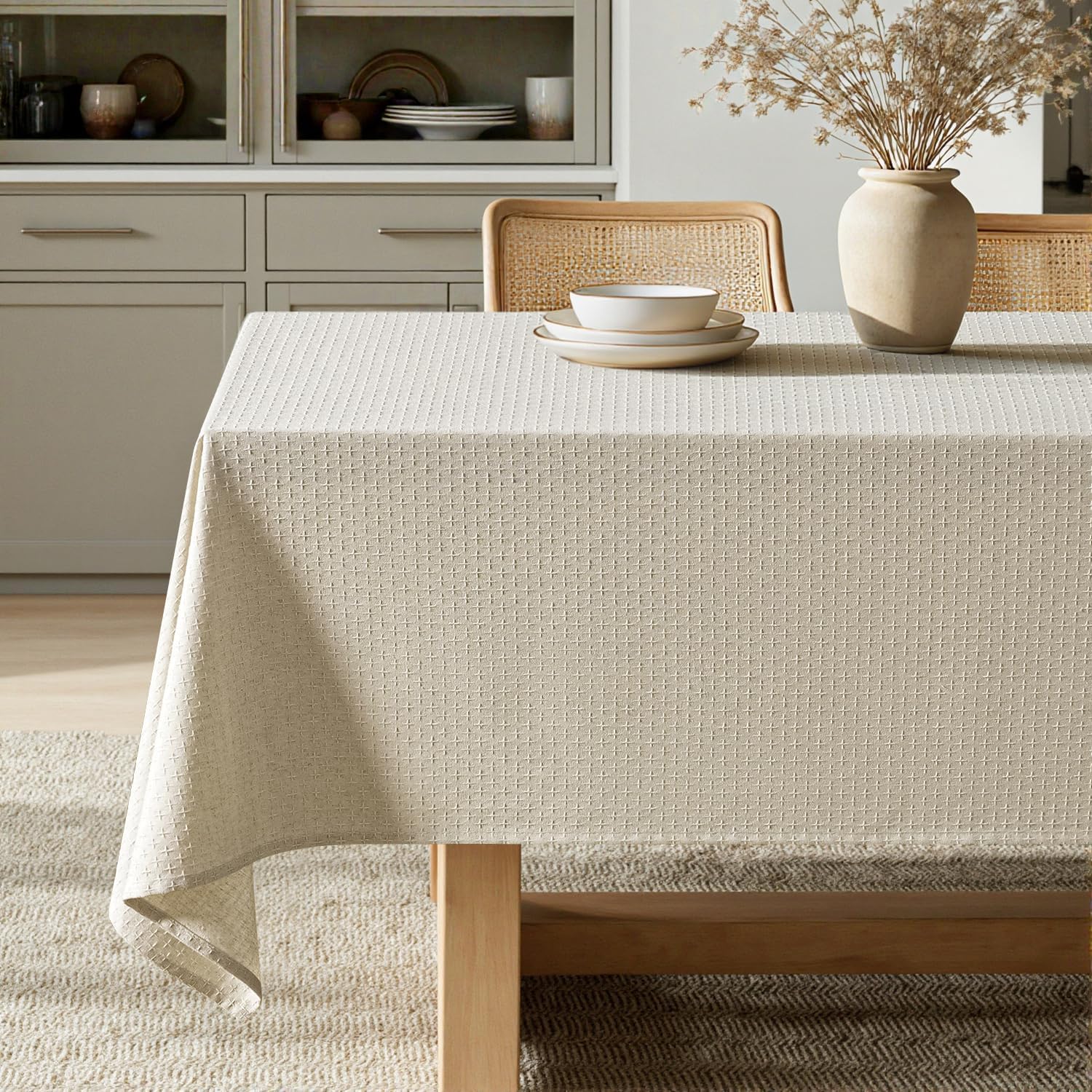 MIULEE Ivory Linen Cottton Table Cloth Rectangle Tablecloth Waterproof Spillproof Cross-Star Textured Table Cltoth Decorative Farmhouse Style for Dining Party Weddings 60x120 Inch