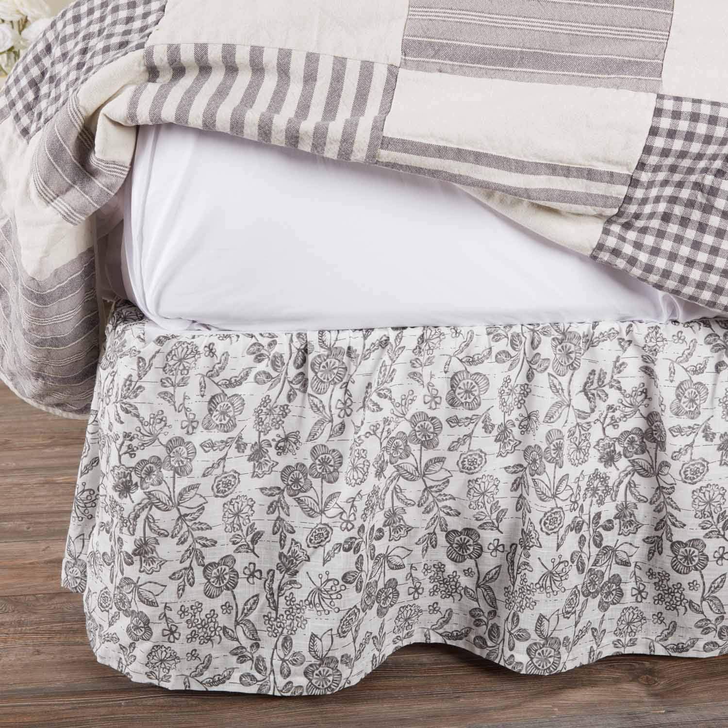 Gray Gables King Floral Bed Skirt w/ 16" Drop, Gray and Soft White Printed Dust Ruffle, Gathered, Country Cottage, Vintage Farmhouse Bedding