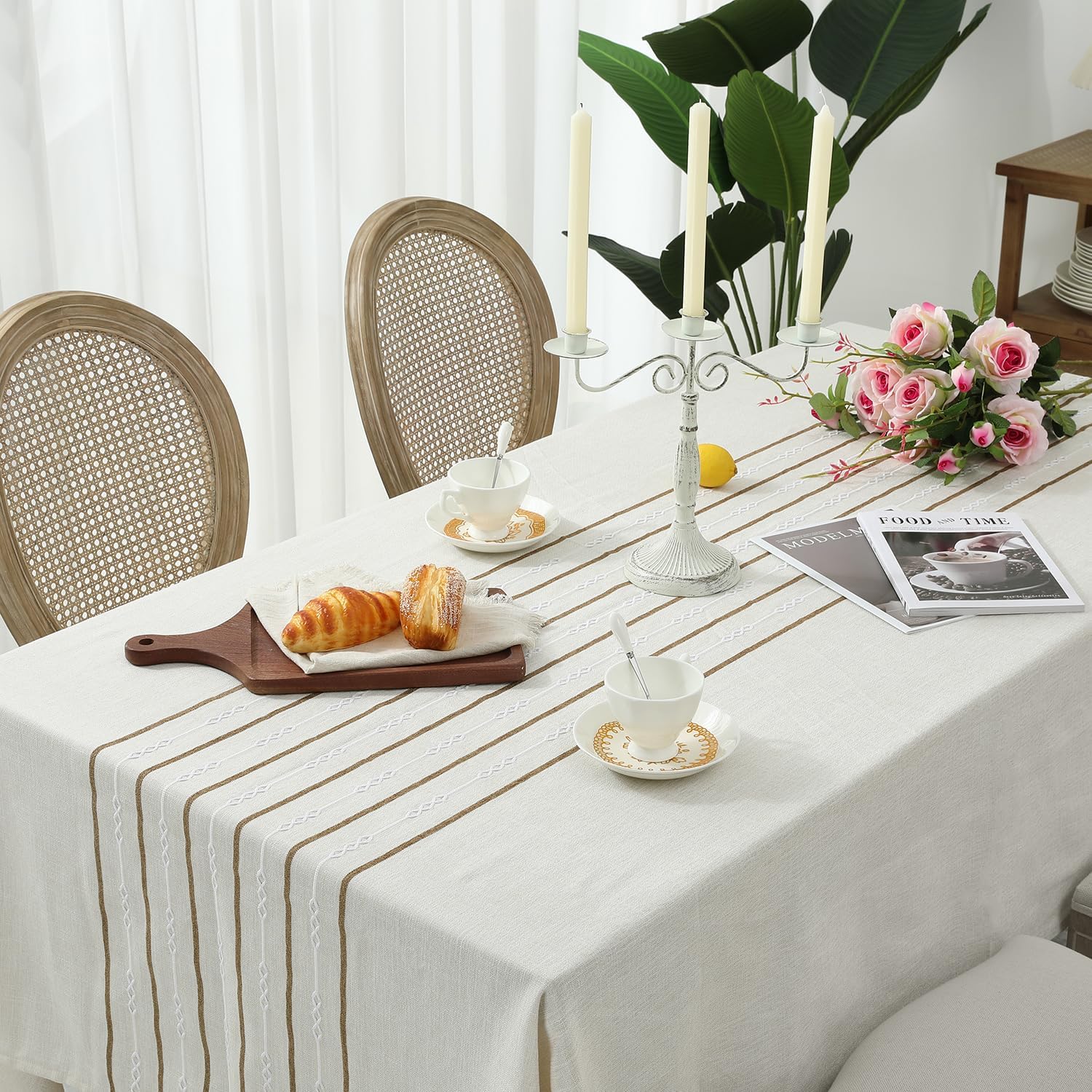 Chassic 60 x 120 inches Farmhouse Style Linen tablecloths, Boho 8 Foot Long Wrinkle Resistant Washable Rectangle Table Cloth for Dining Room, Kitchen, Wedding and Holiday Decorative - Cream